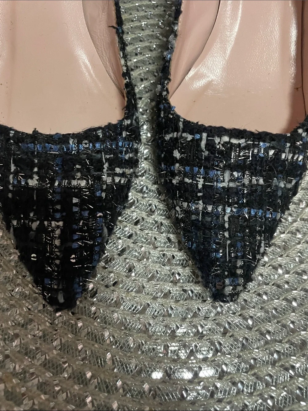 kate spade Black & Navy Tweed with Silver Pointed Toe Block Heels Size 9